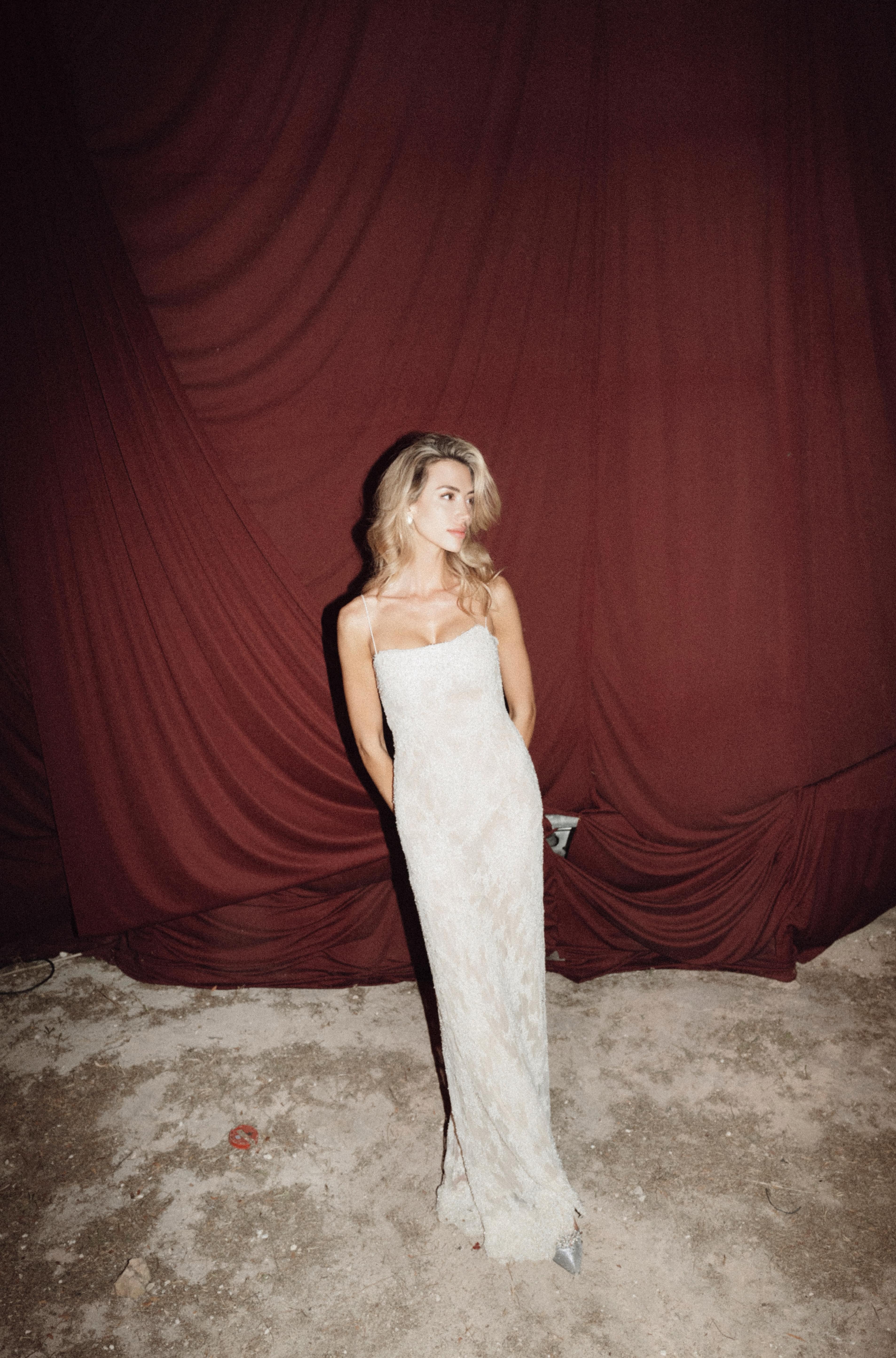 Hand-Beaded French Lace Slip Dress with Pearls.