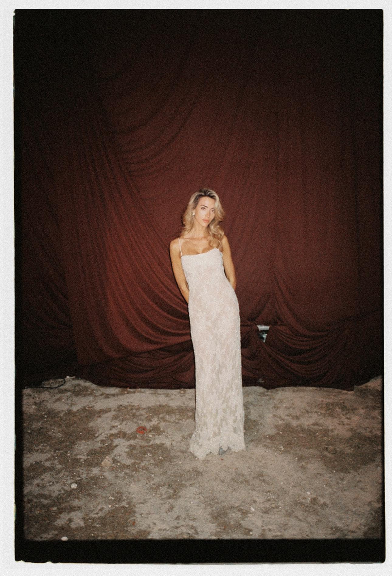 Hand-Beaded French Lace Slip Dress with Pearls.