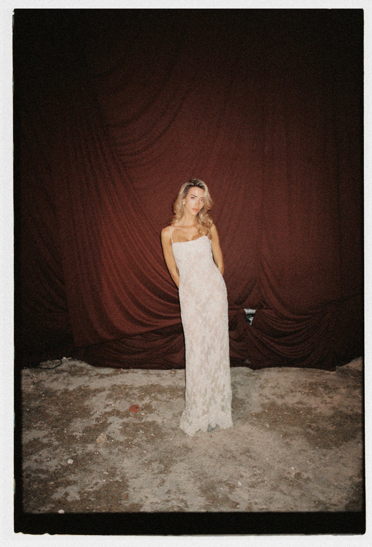 Hand-Beaded French Lace Slip Dress with Pearls.