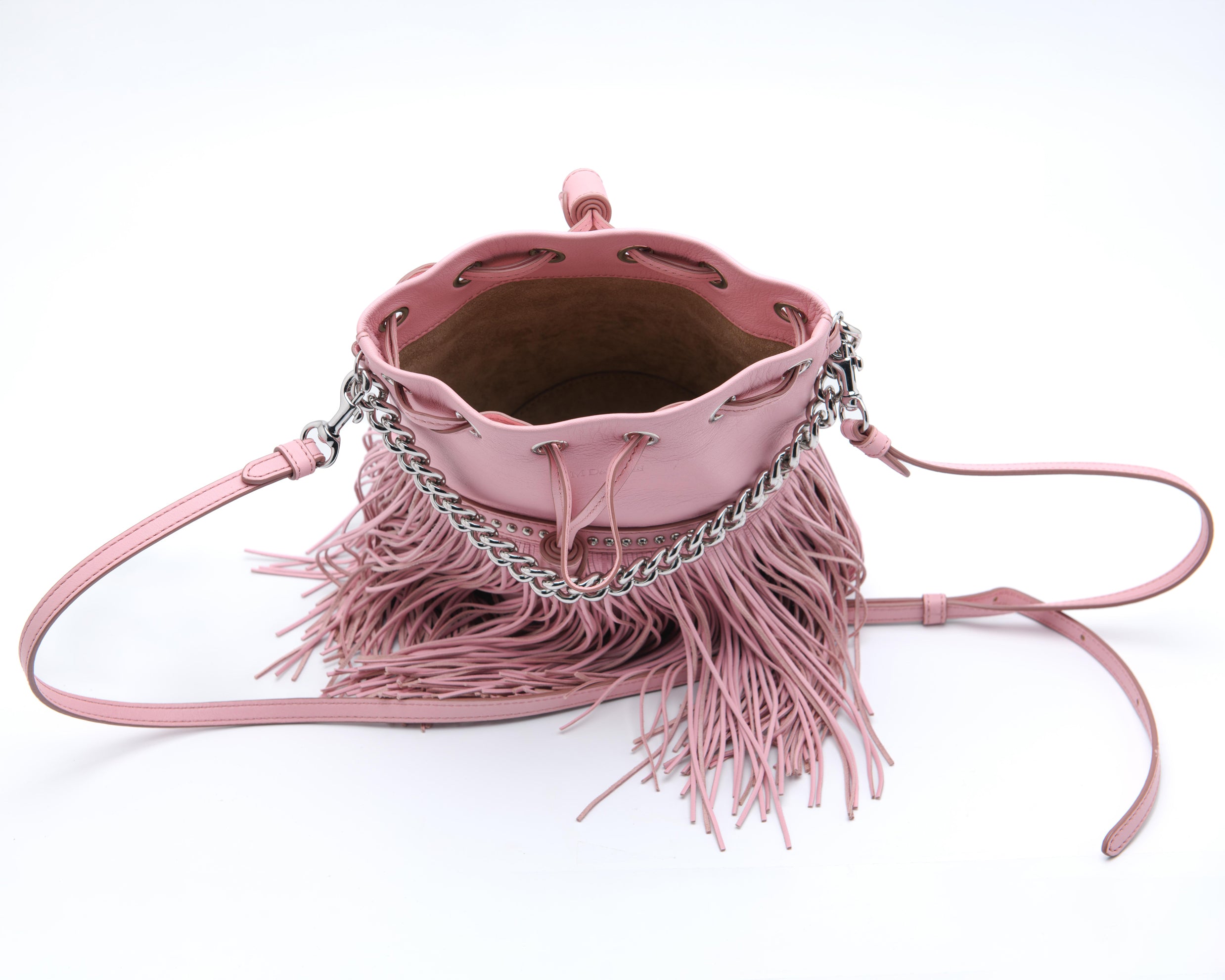 J&M Davidson pink Fringe Carnival Mini bucket bag with leather tassel fringe and silver chain detail Mezzanotte Madrid