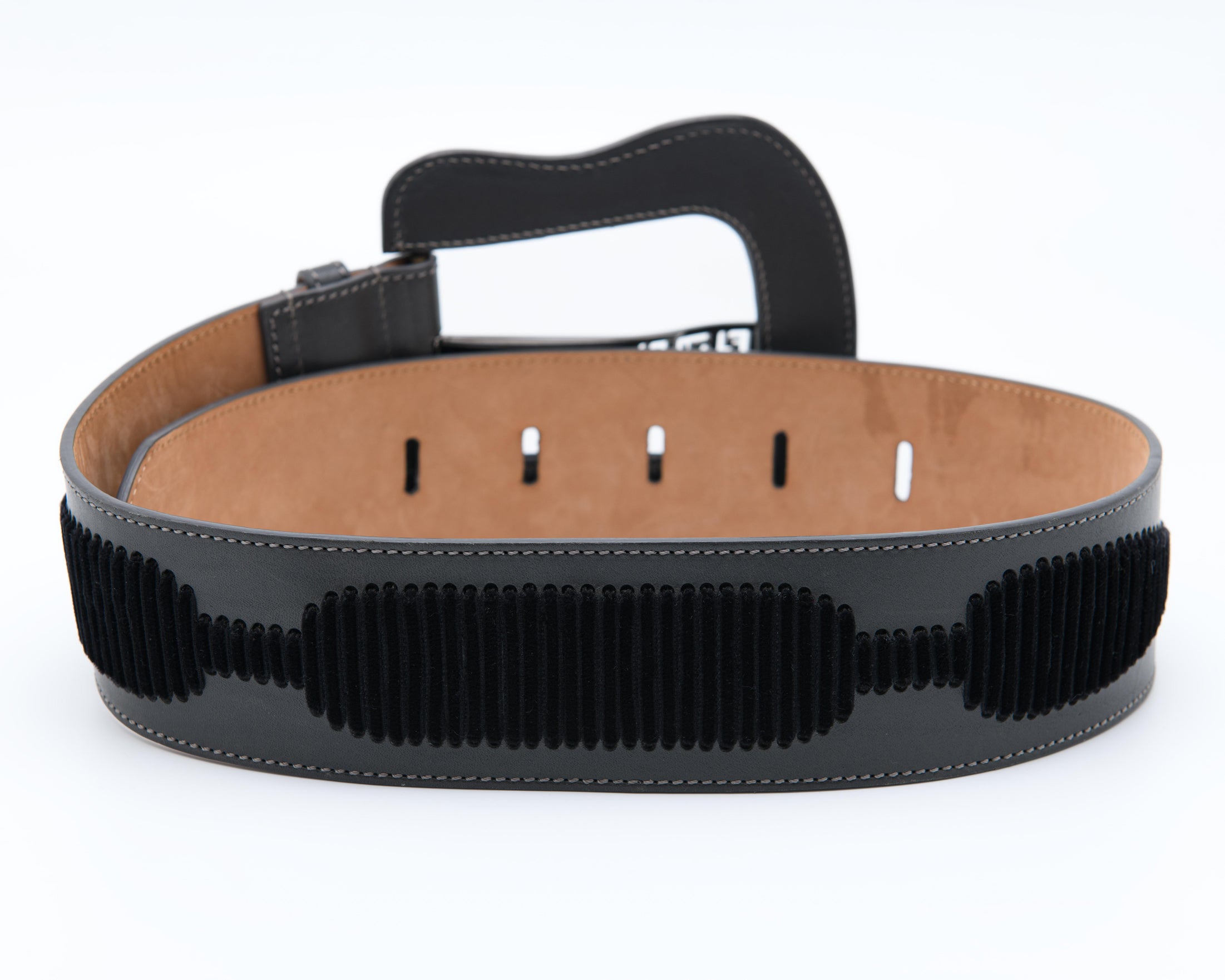 Black leather Fendi belt with chunky logo hardware and architectural silhouette statement accessory