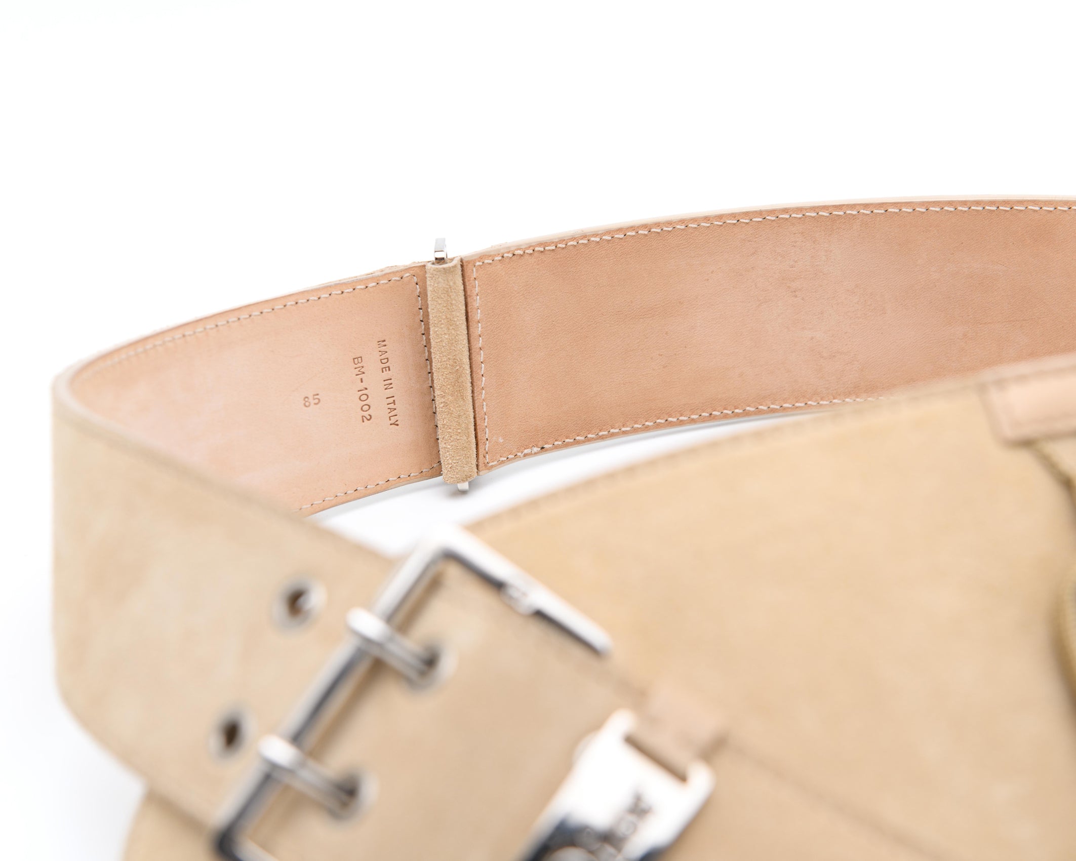 Beige suede corset belt with lace up detailing and structured shape | Dior Galliano era statement accessory