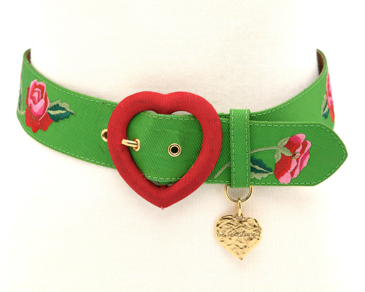 YSL vintage embroidered rose belt with red heart buckle and gold charm archival accessory