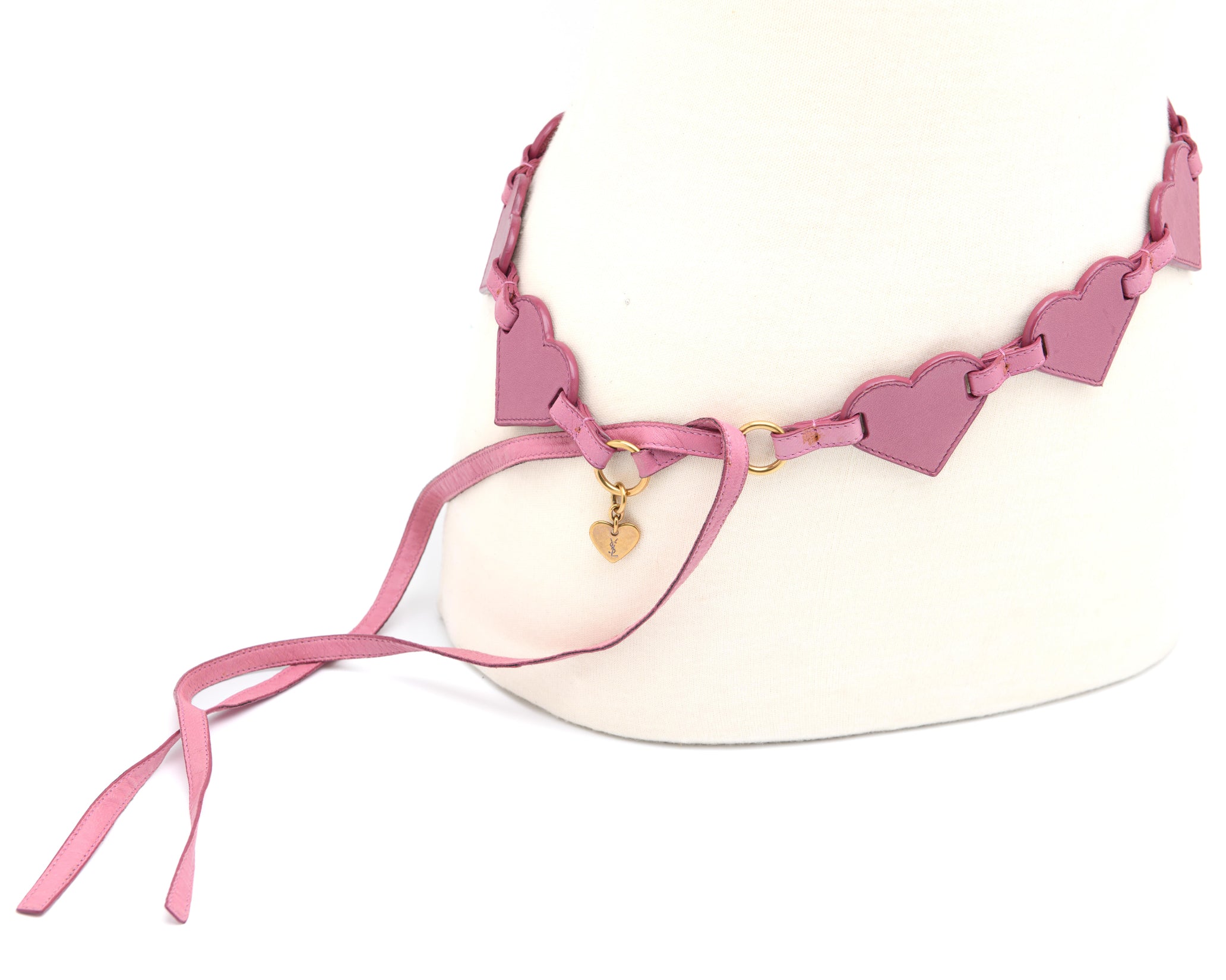 Saint Laurent pink heart chain belt with gold charm and adjustable tie fastening luxury vintage piece