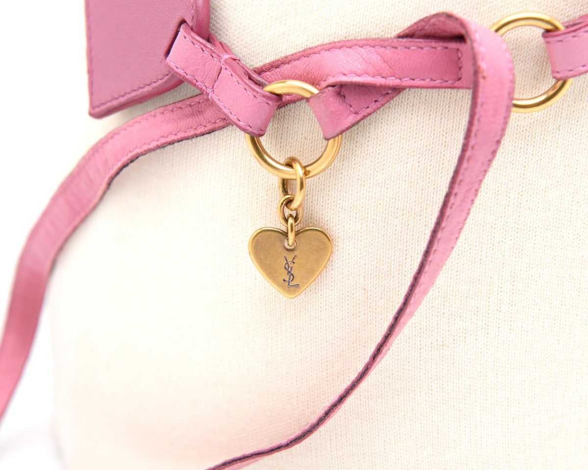 YSL vintage heart belt in pink leather with linked hearts and gold rings designer accessory