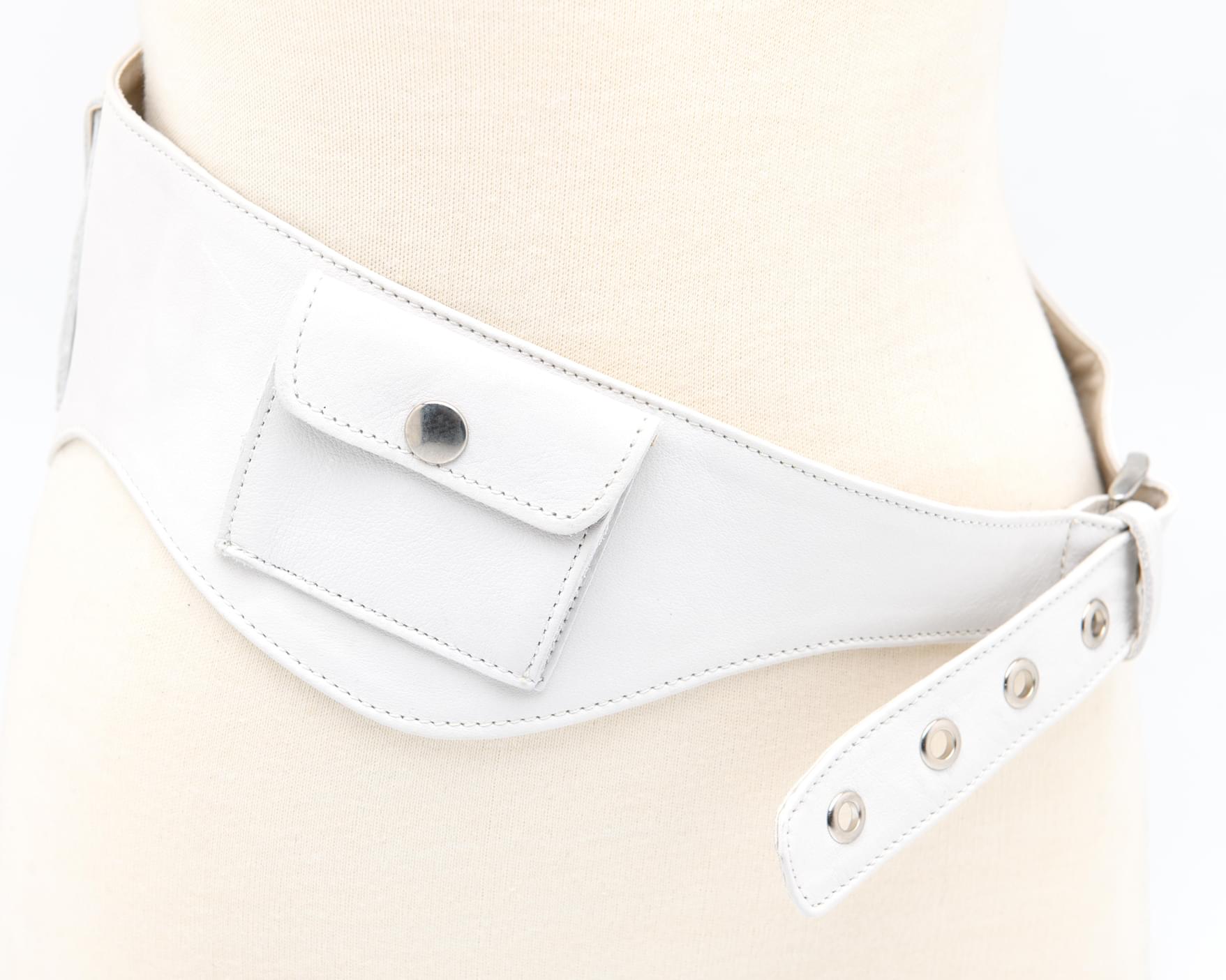 White leather utility belt with curved silhouette and snap button pockets Gimaguas designer accessory