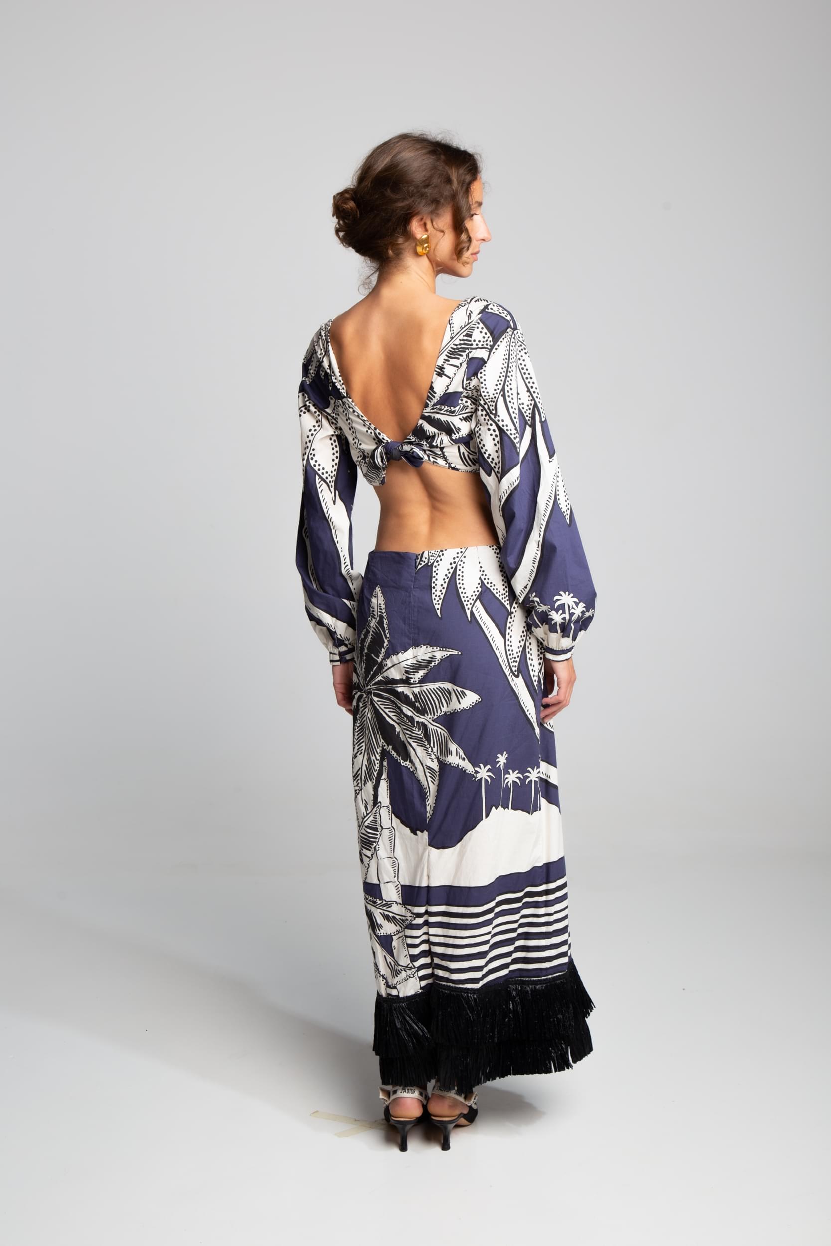Johanna Ortiz long sleeve dress with graphic print and architectural cut-out design
