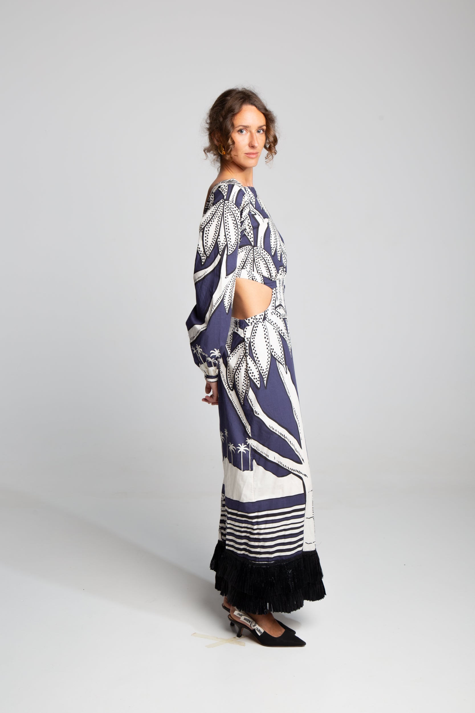 Printed palm motif maxi dress with open waist and fluid silhouette designer piece