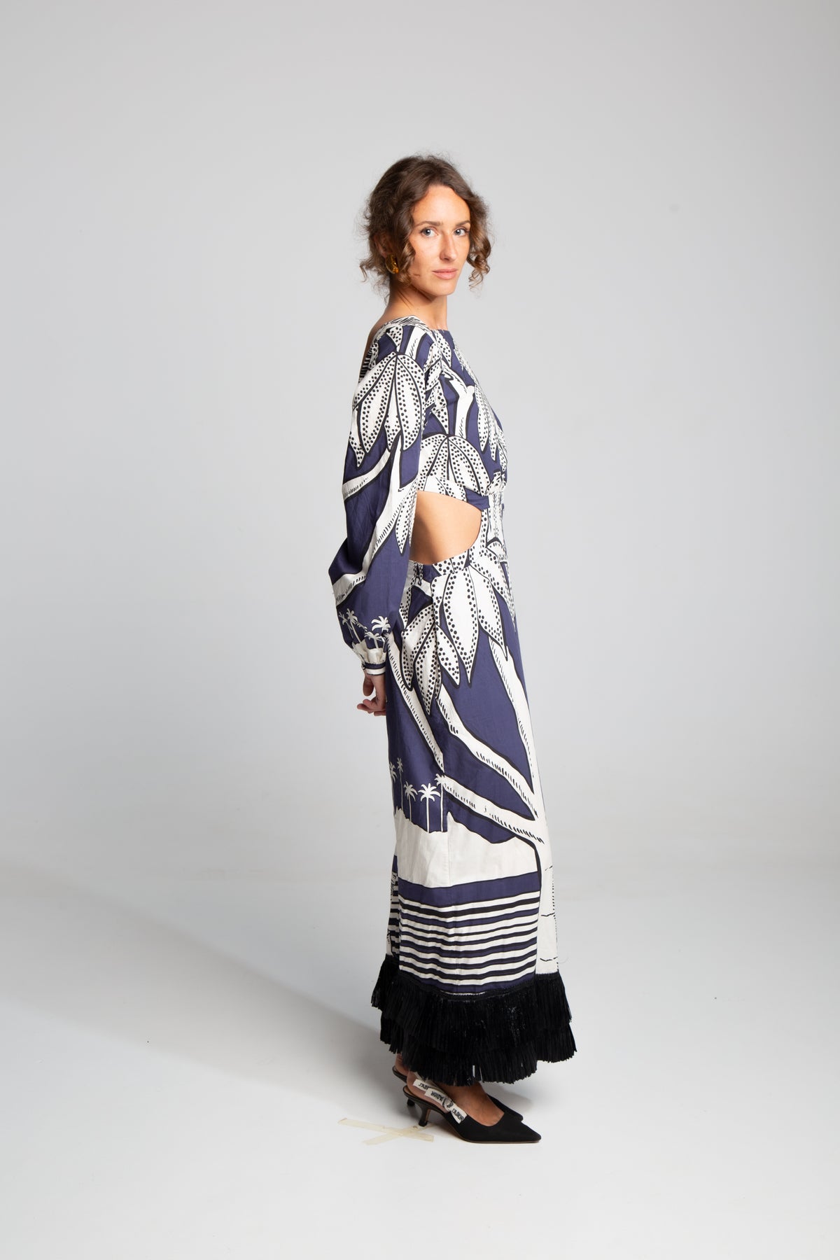 Printed palm motif maxi dress with open waist and fluid silhouette designer piece