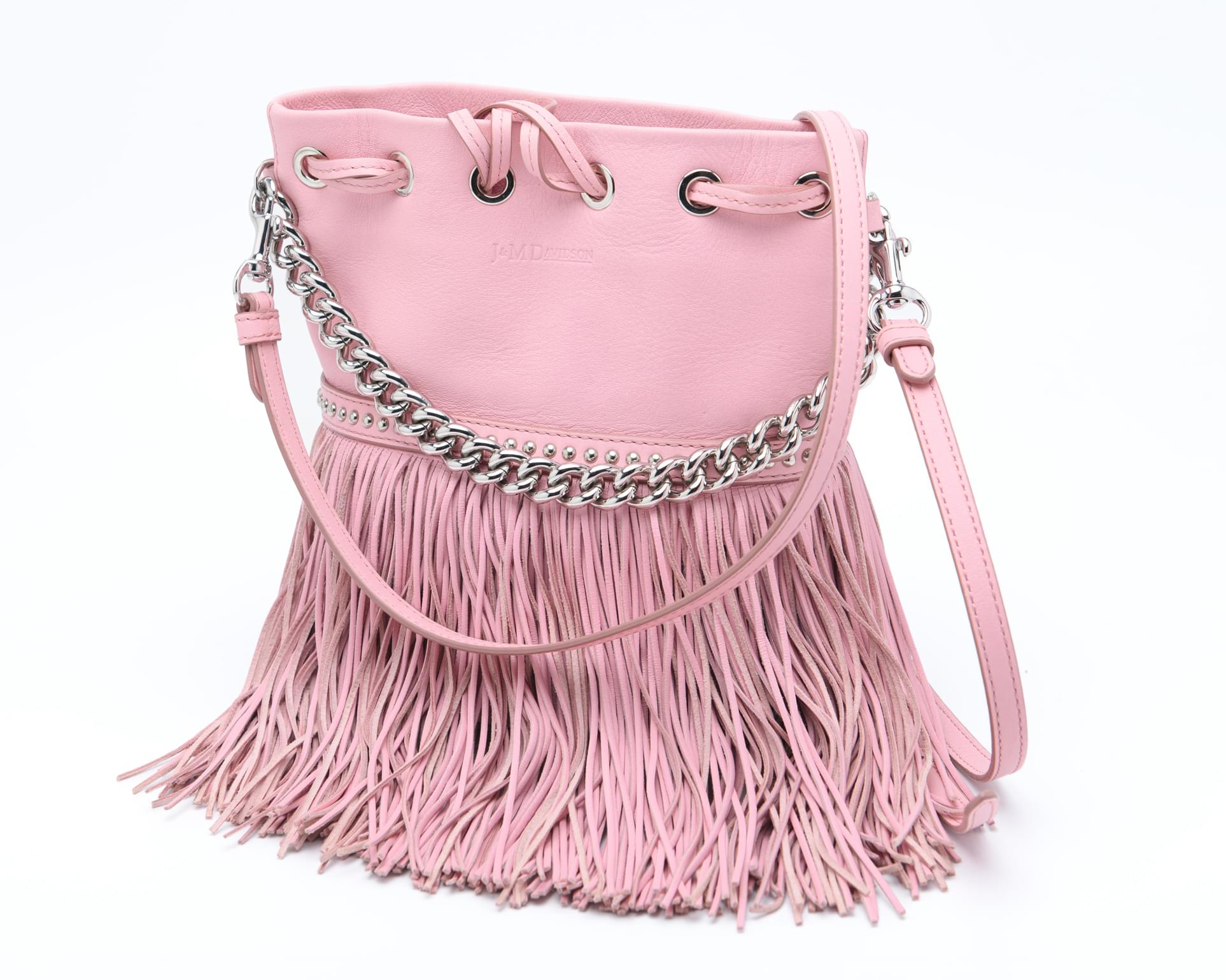 Pink leather bucket bag with cascading fringe and chain handle J&M Davidson designer handbag