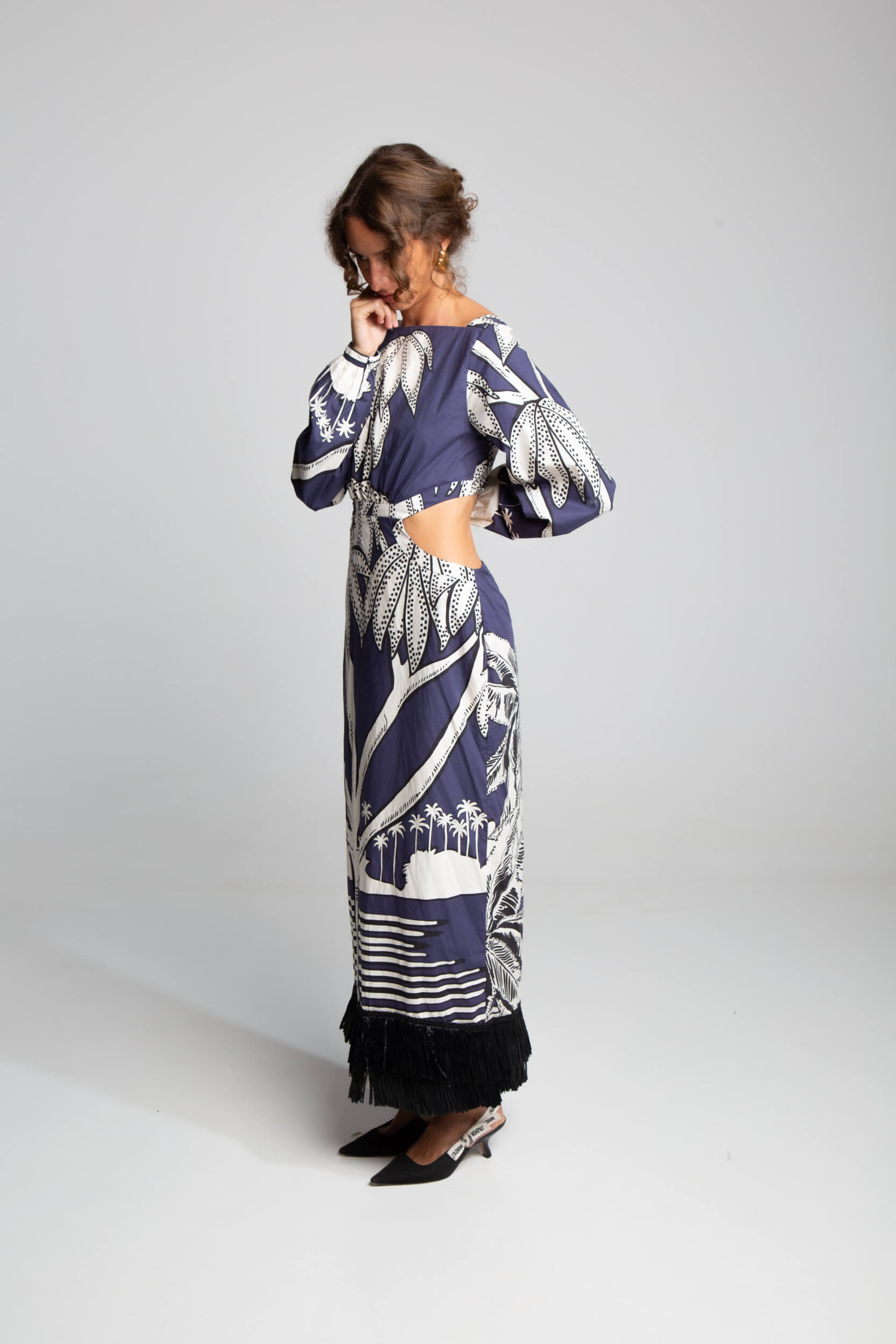 Johanna Ortiz resort maxi dress with side cut-outs and contrasting fringe hem detail