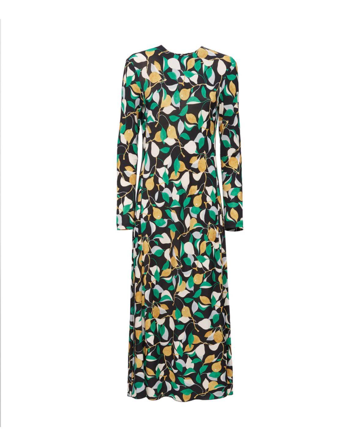 La DoubleJ printed silk maxi dress with green and yellow leaf motif — designer resale Mezzanotte Madrid