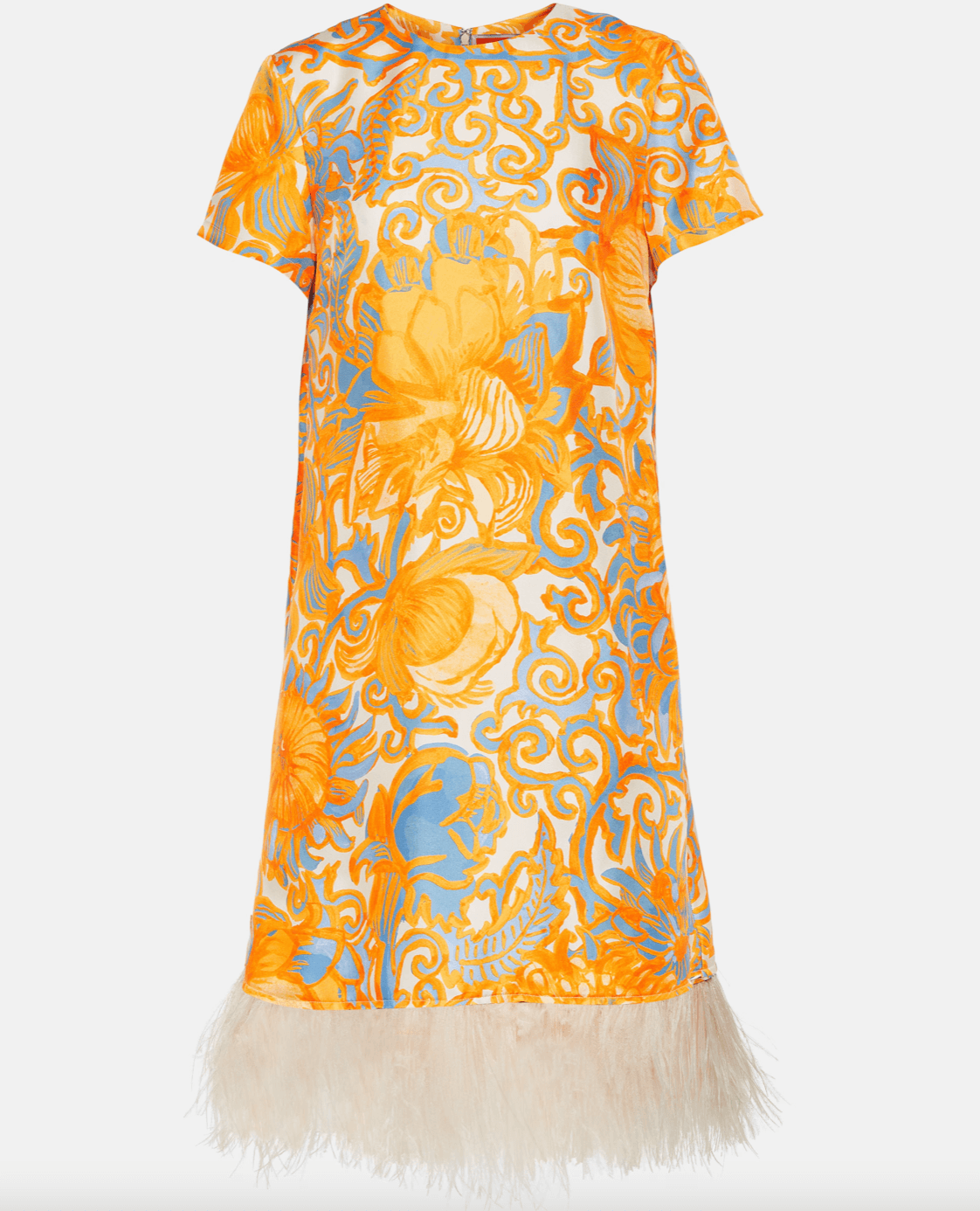 La DoubleJ silk shift dress with multicolor ornamental print and feather trim detail