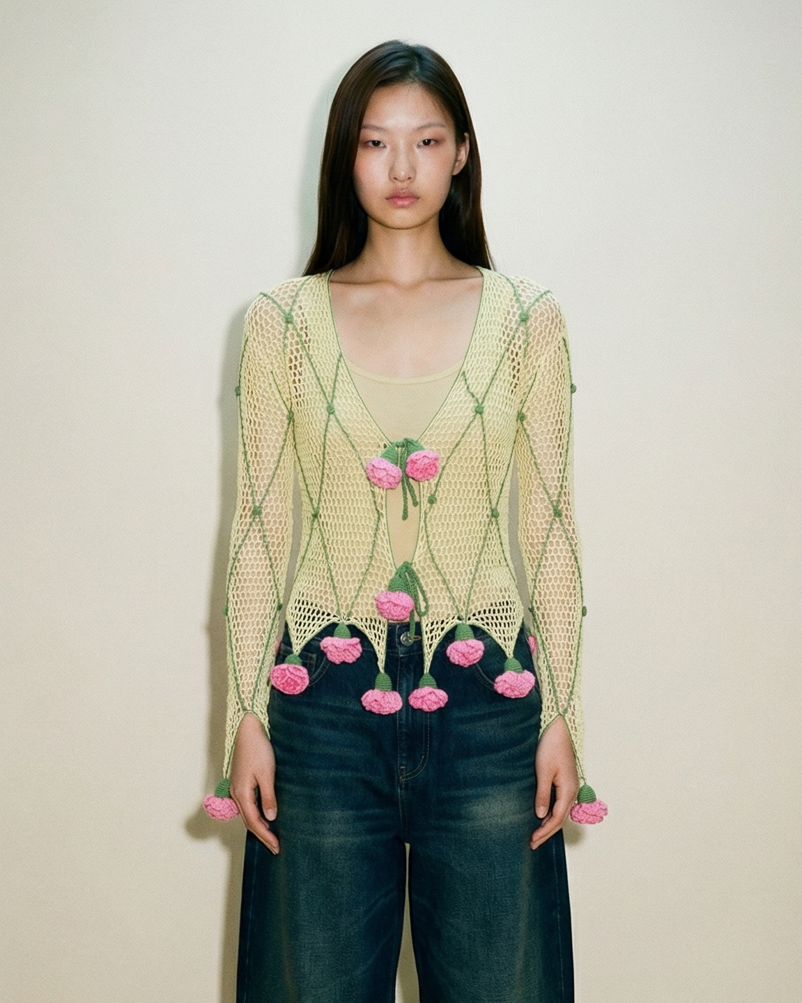 Moschino 90s crochet cardigan with pink 3D roses and green vine pattern