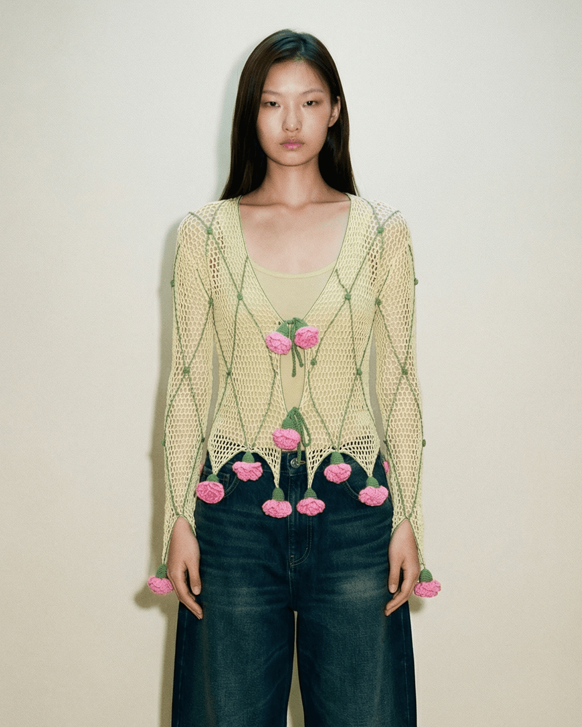 Moschino 90s crochet cardigan with pink 3D roses and green vine pattern