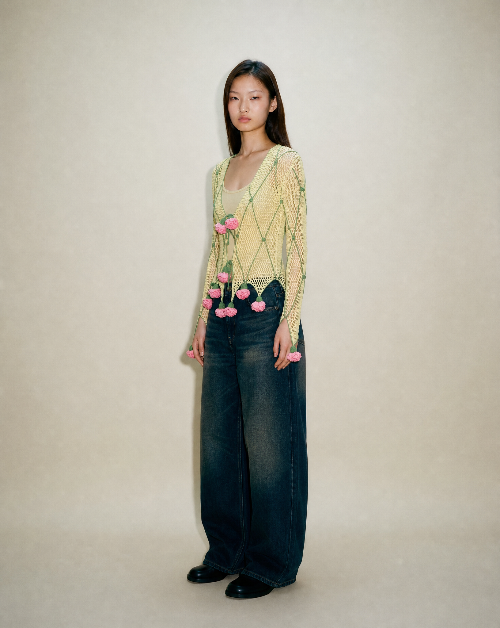 Archival Moschino crochet top with tie front and sculptural sleeves