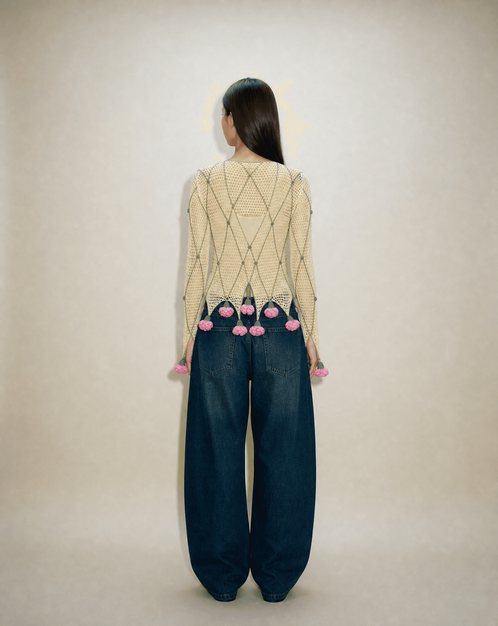 Vintage Moschino crochet top with mesh knit structure and dangling floral appliqués