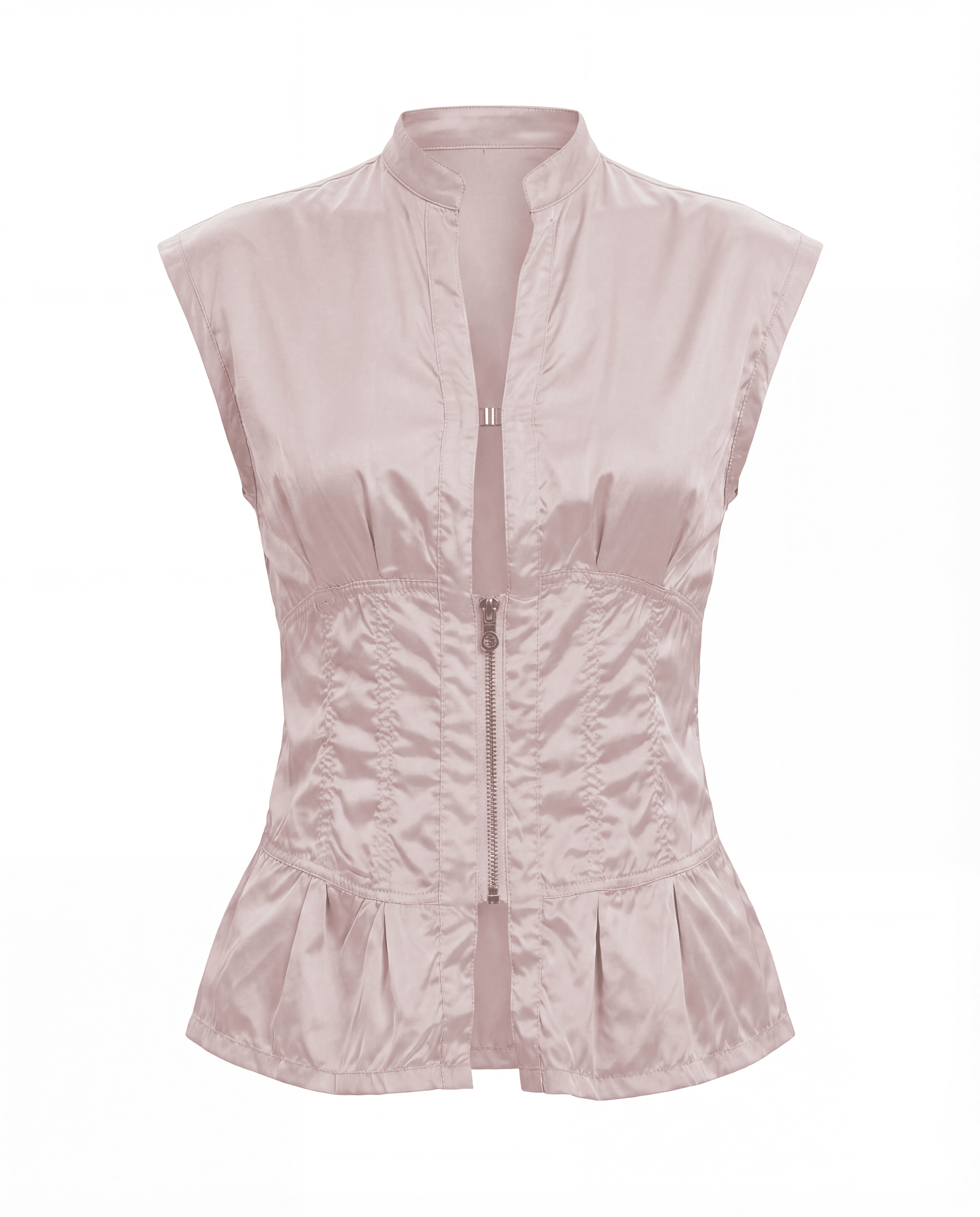 Close-up of the technical nylon-satin fabric on the Prada Sport corset-style top showing its signature sheen and reinforced seams.