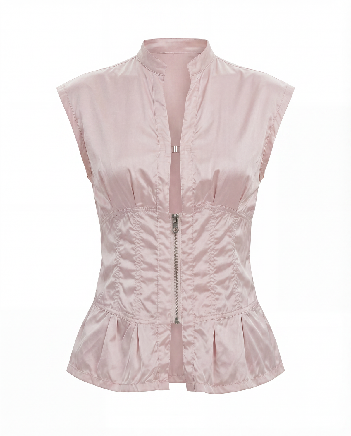 Close-up of the technical nylon-satin fabric on the Prada Sport corset-style top showing its signature sheen and reinforced seams.