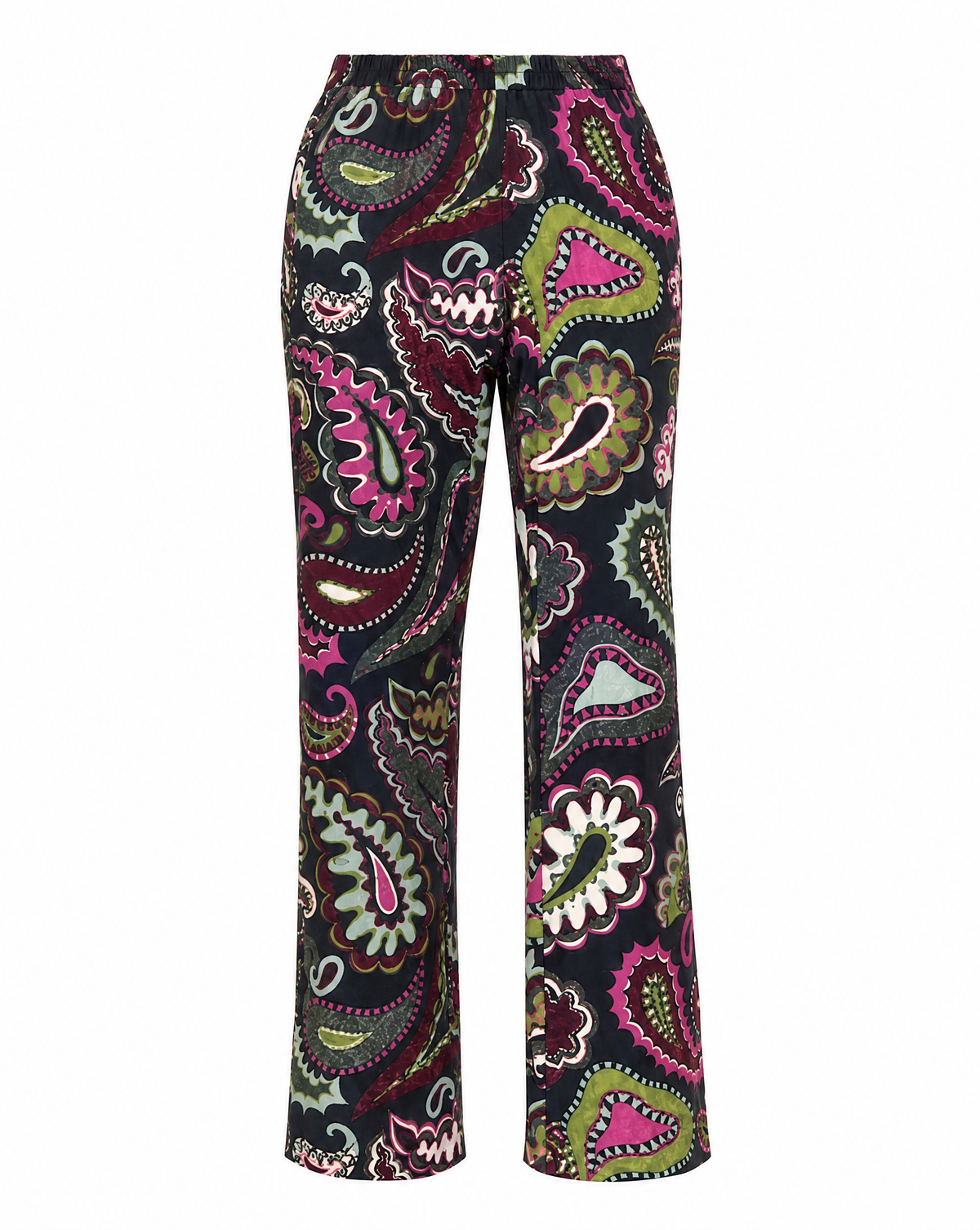 Archival Emilio Pucci trousers from the 1960s, featuring deep navy, magenta and green paisley. Shop vintage Pucci and collectible designer fashion at Mezzanotte Vintage.