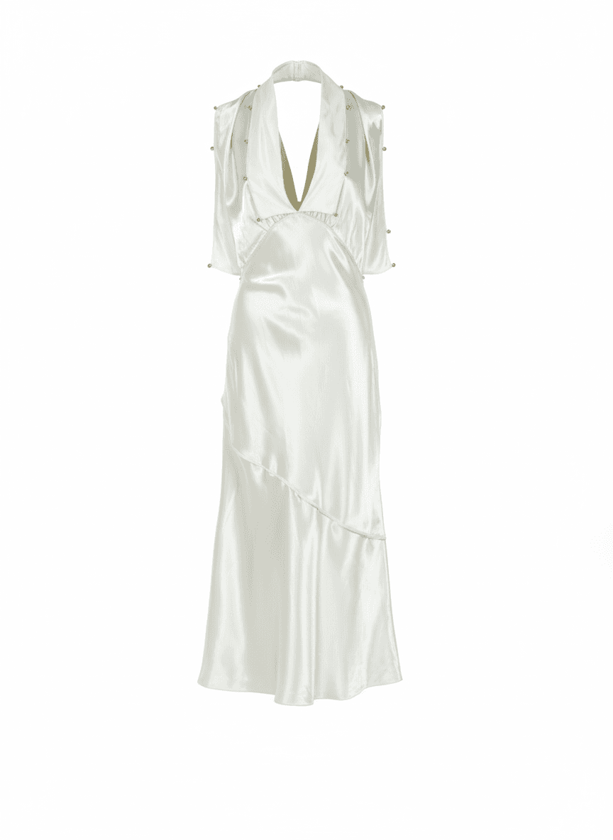 Pale green satin midi dress with halter neckline and asymmetric ruffle skirt