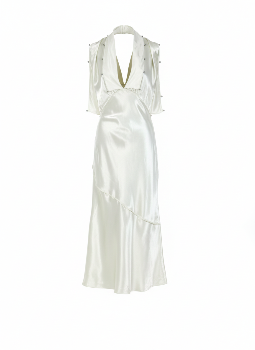 Pale green satin midi dress with halter neckline and asymmetric ruffle skirt