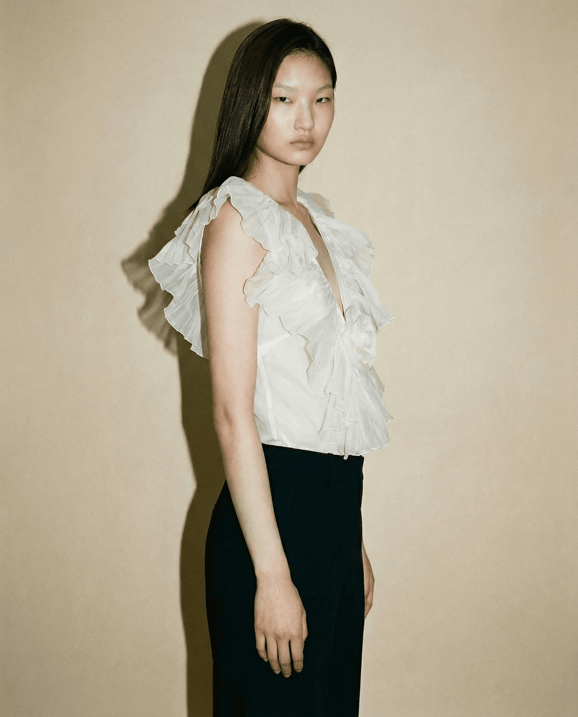 2000s Cavalli silk blouse with deep V neckline and layered ruffles