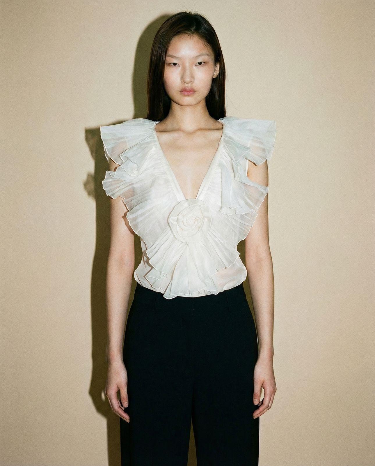 Roberto Cavalli vintage ruffle top in ivory with pleated shoulder detailing
