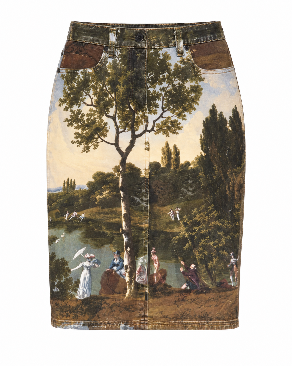 Fitted archival Moschino skirt from approximately 2001–2005, with a continuous landscape print that makes the artwork the focus of the silhouette.