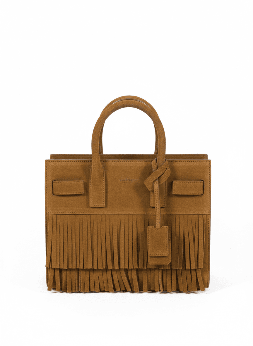Saint Laurent beige suede fringe tote bag — vintage designer rental and resale Mezzanotte Madrid