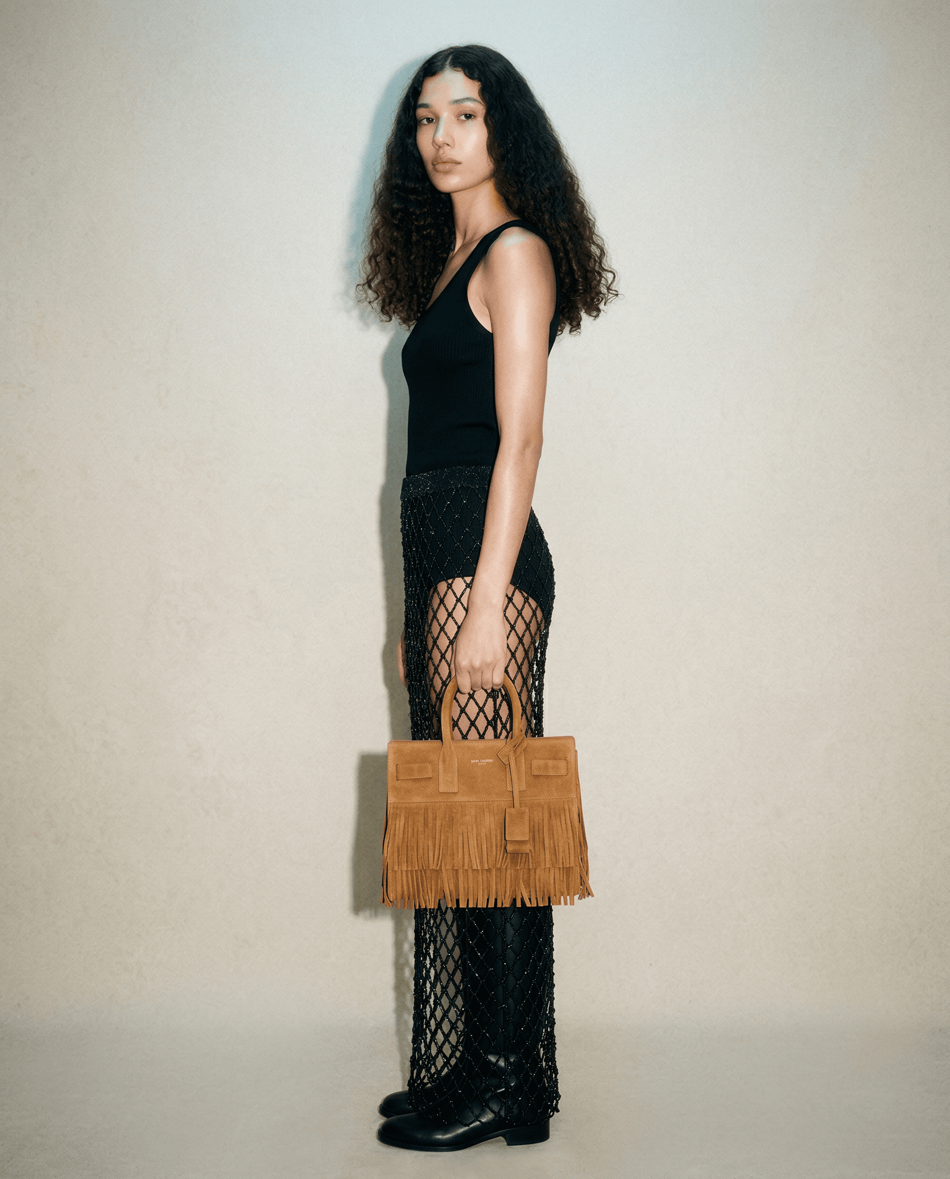 Saint Laurent nano tote bag in suede with fringe detail vintage luxury accessory Mezzanotte Madrid