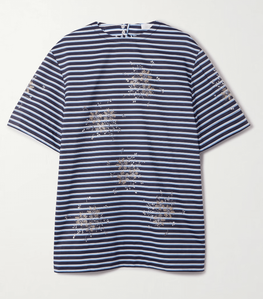 Blue and white striped co ord with crystal embellished top and bubble shorts