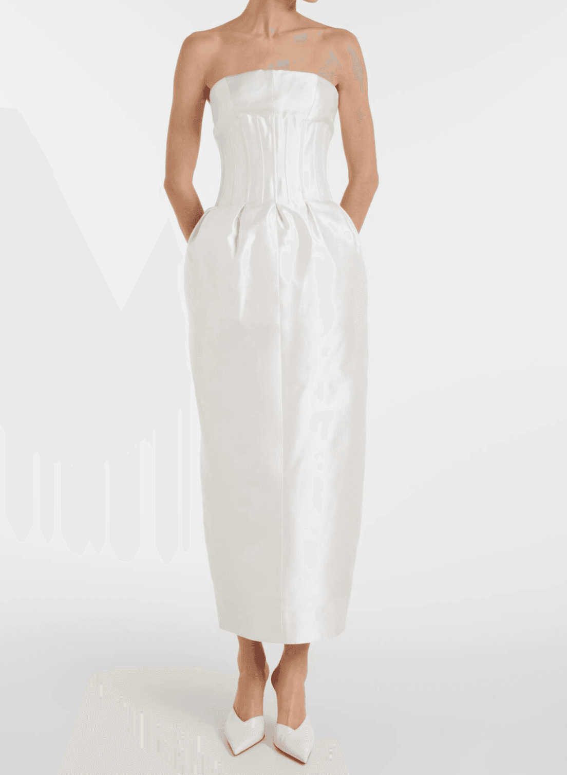 Ivory tea-length bridal dress with boned bodice and clean column silhouette
