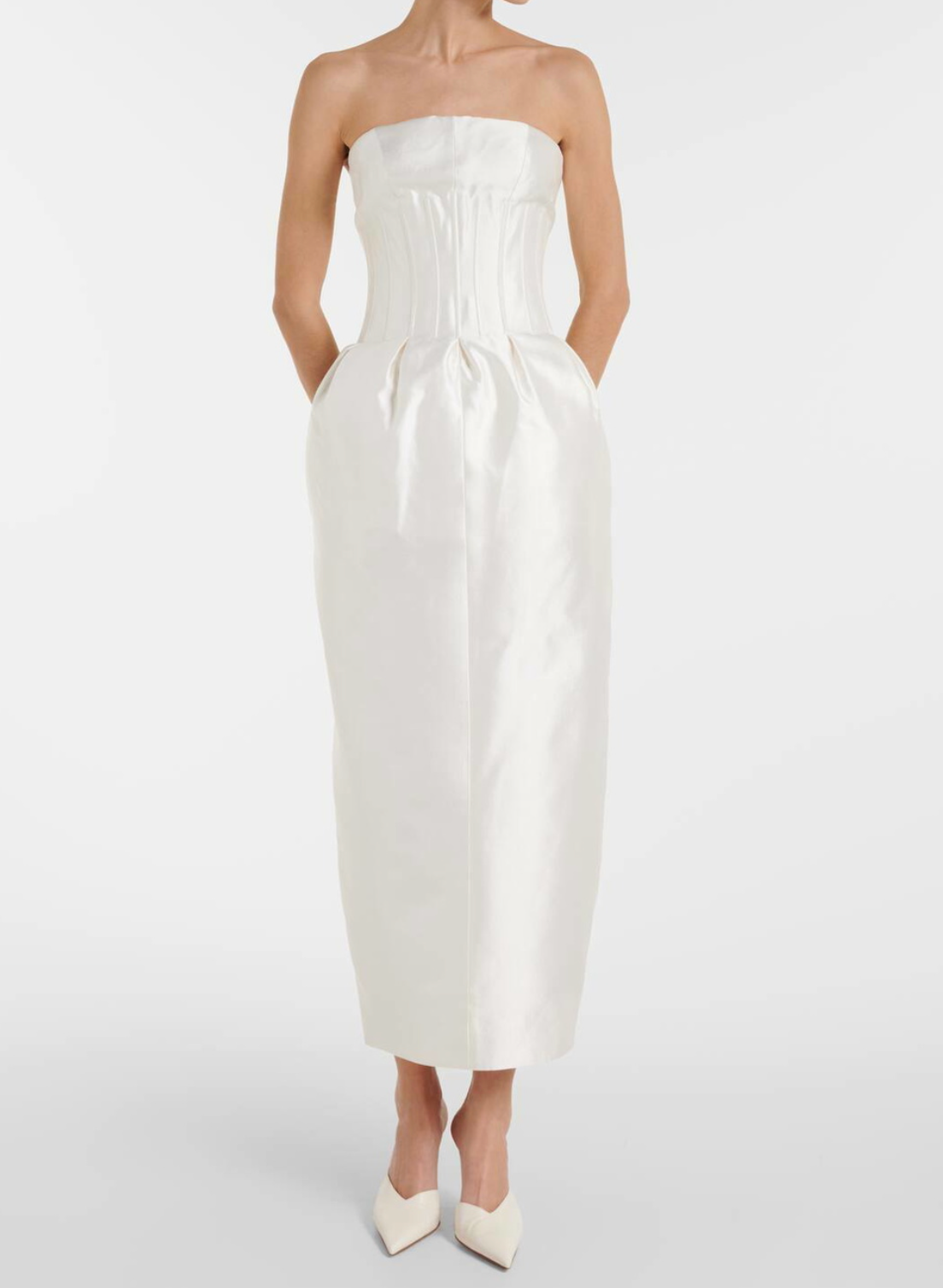Ivory tea-length bridal dress with boned bodice and clean column silhouette