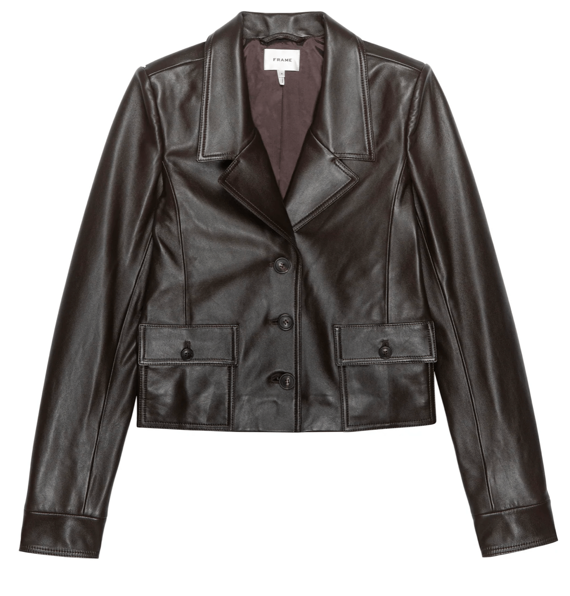 FRAME tailored brown leather jacket with three‑button closure — designer resale Mezzanotte Madrid