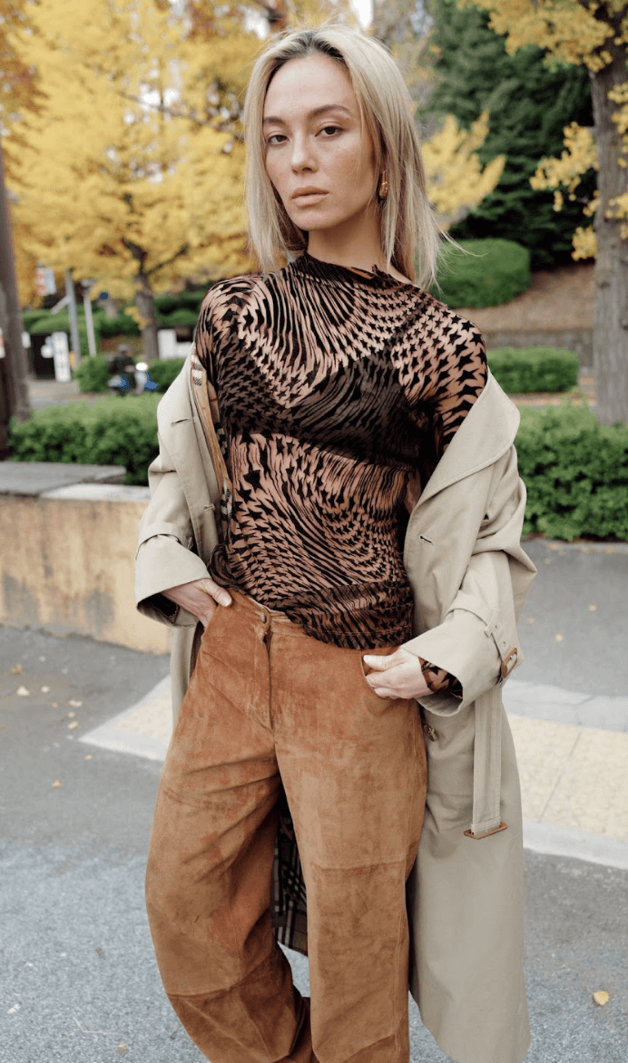 Vintage Max Mara suede leather pants styled with minimalist top — curated designer rental and resale at Mezzanotte Madrid