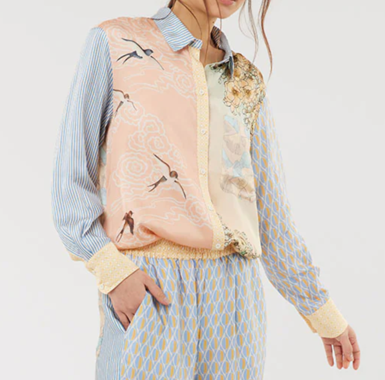 ME369 two‑piece rose and bird print shirt and skirt set — curated designer rental and resale at Mezzanotte Madrid