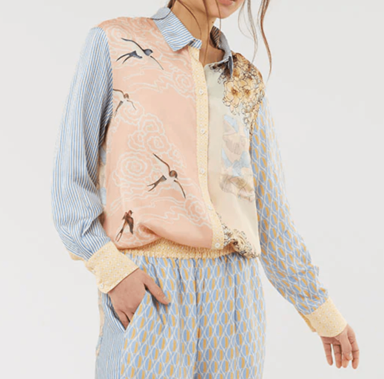 ME369 two‑piece rose and bird print shirt and skirt set — curated designer rental and resale at Mezzanotte Madrid