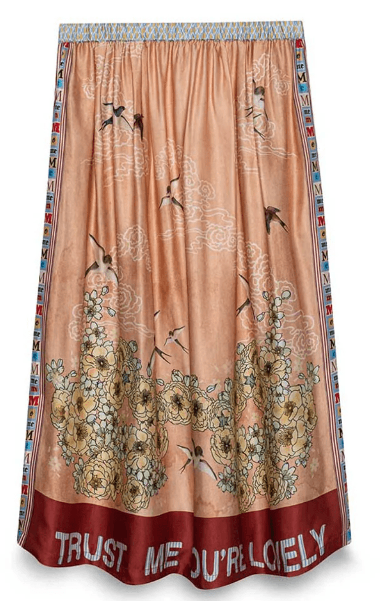 ME369 peach midi skirt with floral print and “Trust Me You’re Lovely” statement hem — designer resale Mezzanotte Madrid