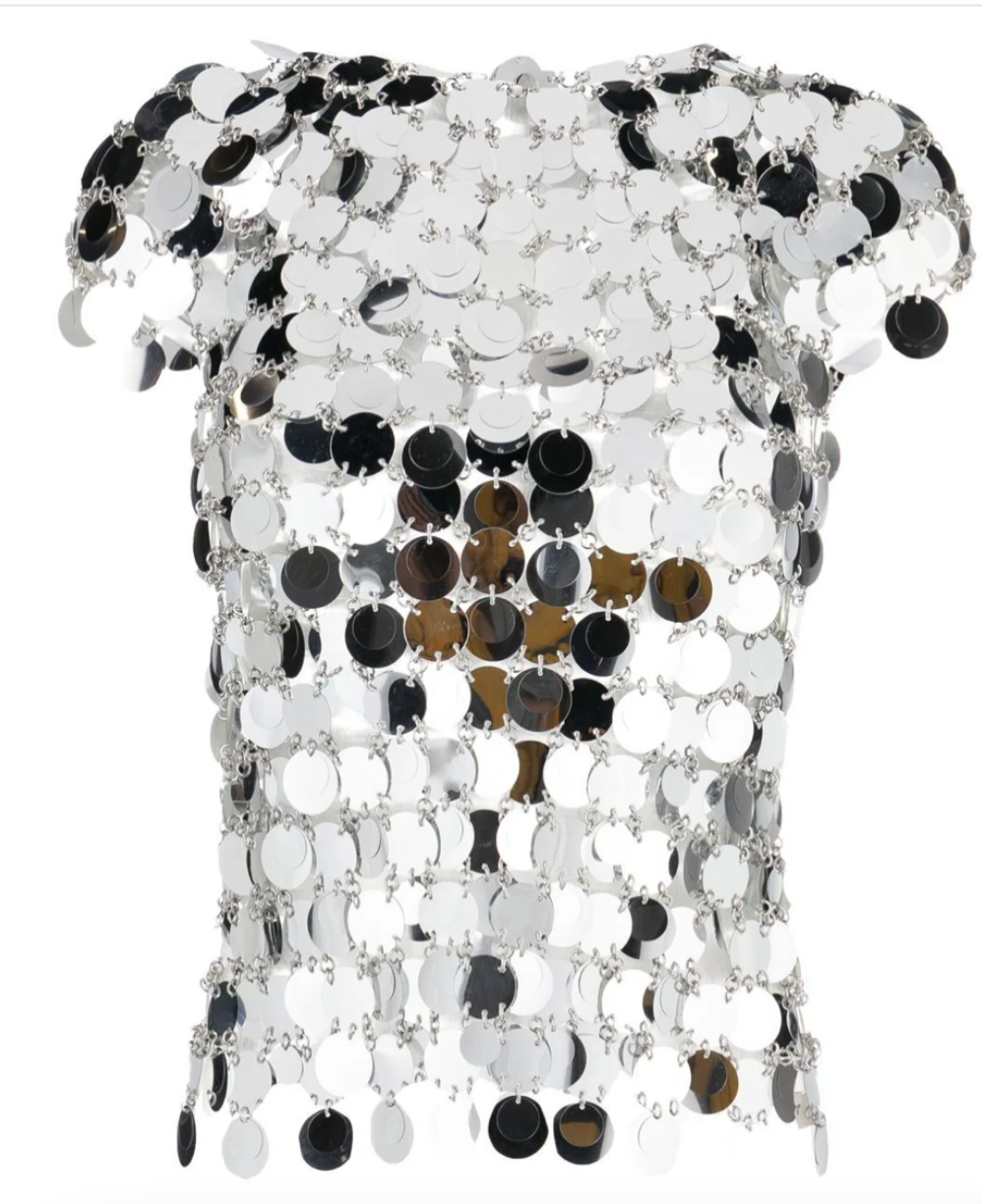Moschino silver linked sequin statement top with cap sleeves — designer resale Mezzanotte Madrid