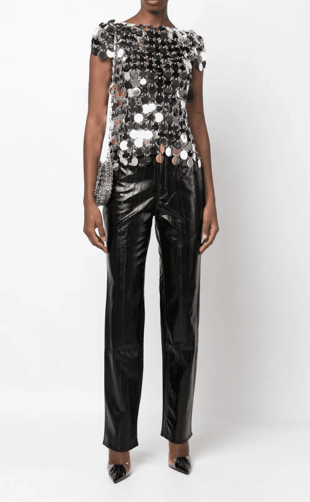 Rabanne sparkle disc top with fluid reflective movement Mezzanotte Madrid