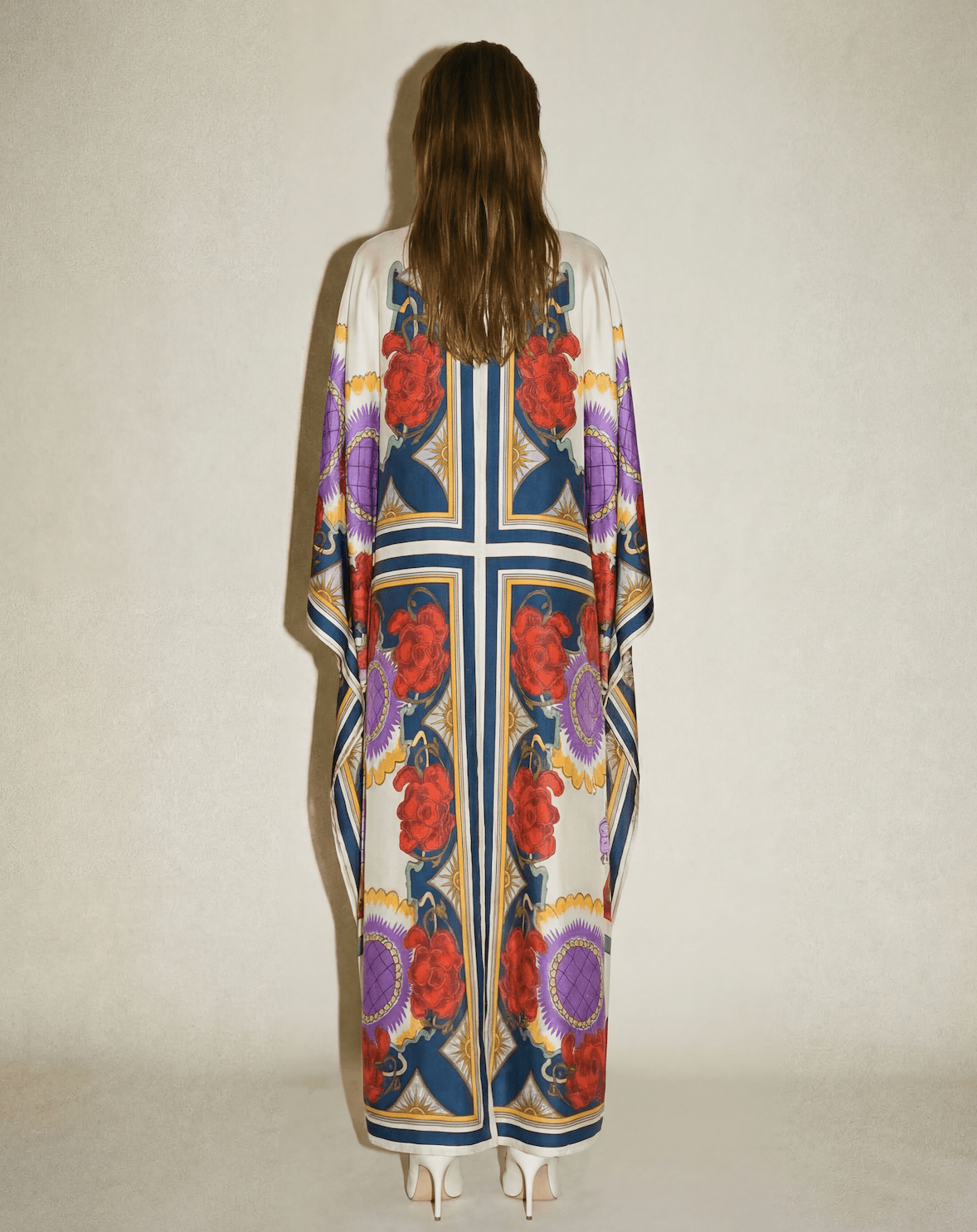 Multicolor La DoubleJ maxi dress with bow-tie neckline and vibrant archival-inspired print