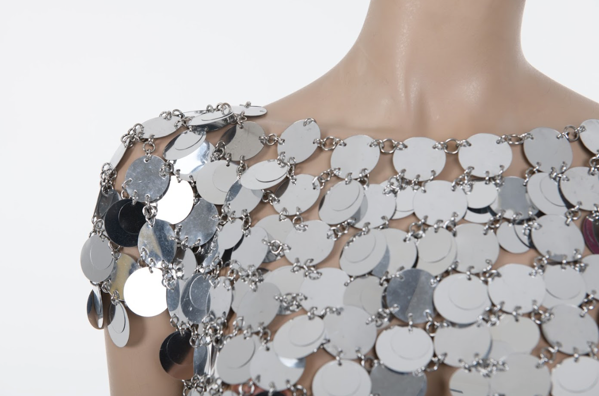 Silver chainmail top with round neckline and short sleeves