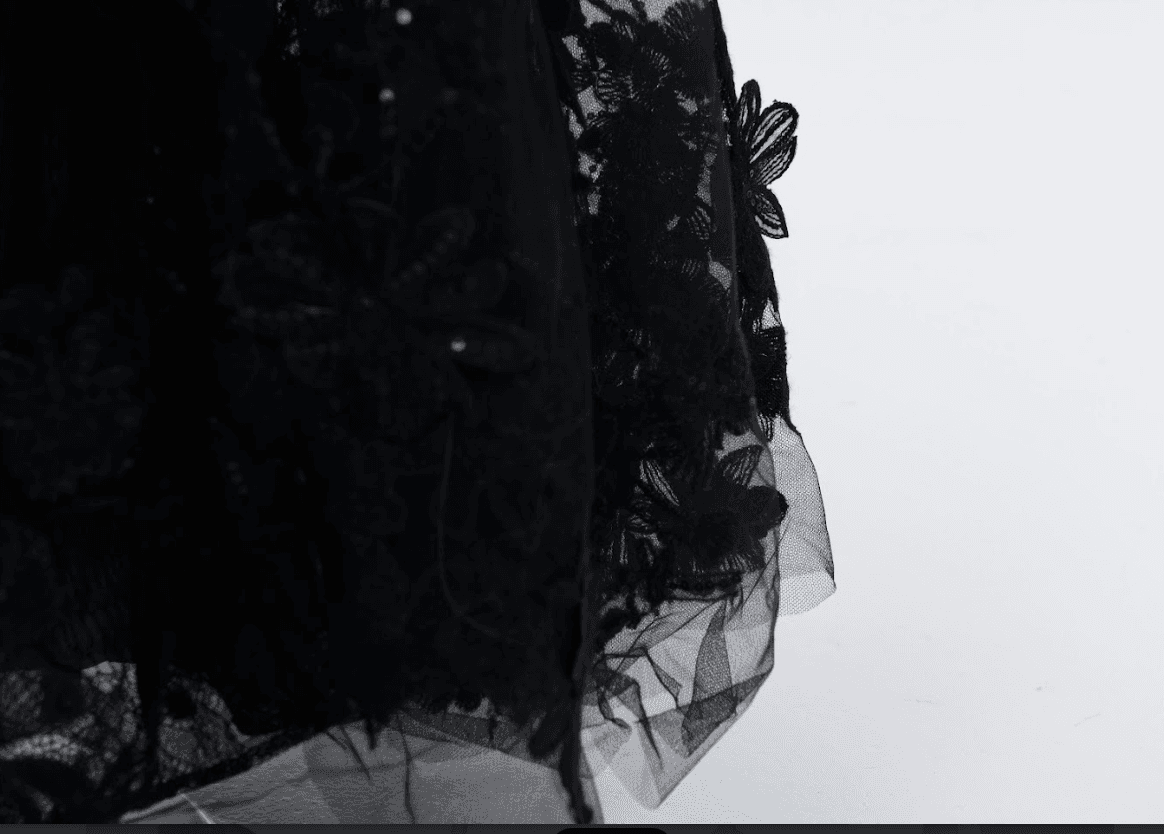Designer black evening dress with intricate lace and subtle sequin embellishment