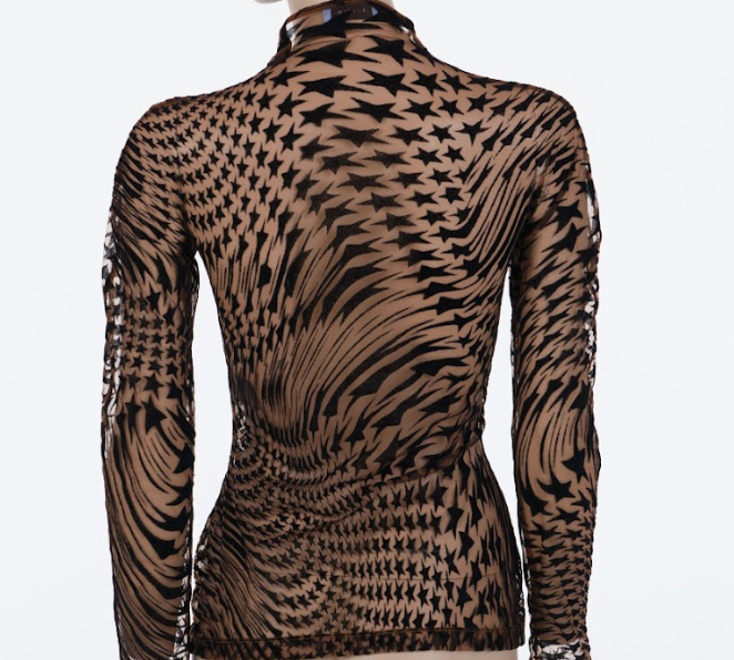 Mugler long sleeve mesh top with flocked velvet star motif