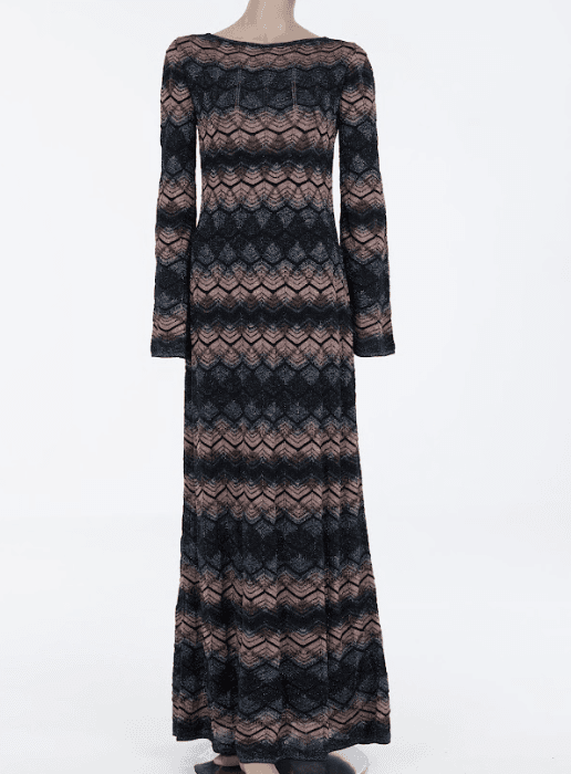 Crochet knit dress with multicolor zigzag pattern and long sleeves