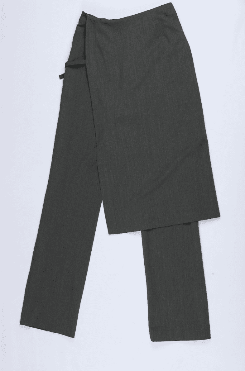 Grey wool blend pants with sculptural overlay and straight fit