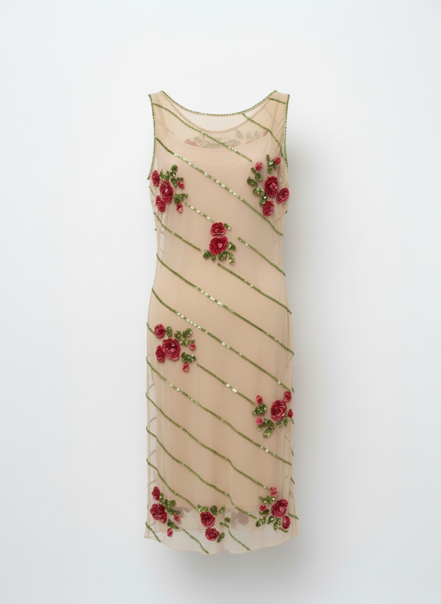 Sheer mesh dress with red floral appliqué and green leaf detail vintage designer piece