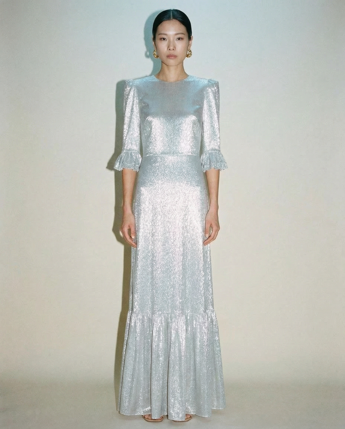 The Vampire’s Wife Silver Falconetti metallic lamé dress with puff sleeves and ruffle hem Mezzanotte Madrid