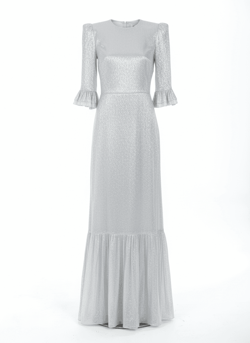 The Vampire’s Wife silver lamé gown with structured shoulders and tiered ruffles designer evening dress